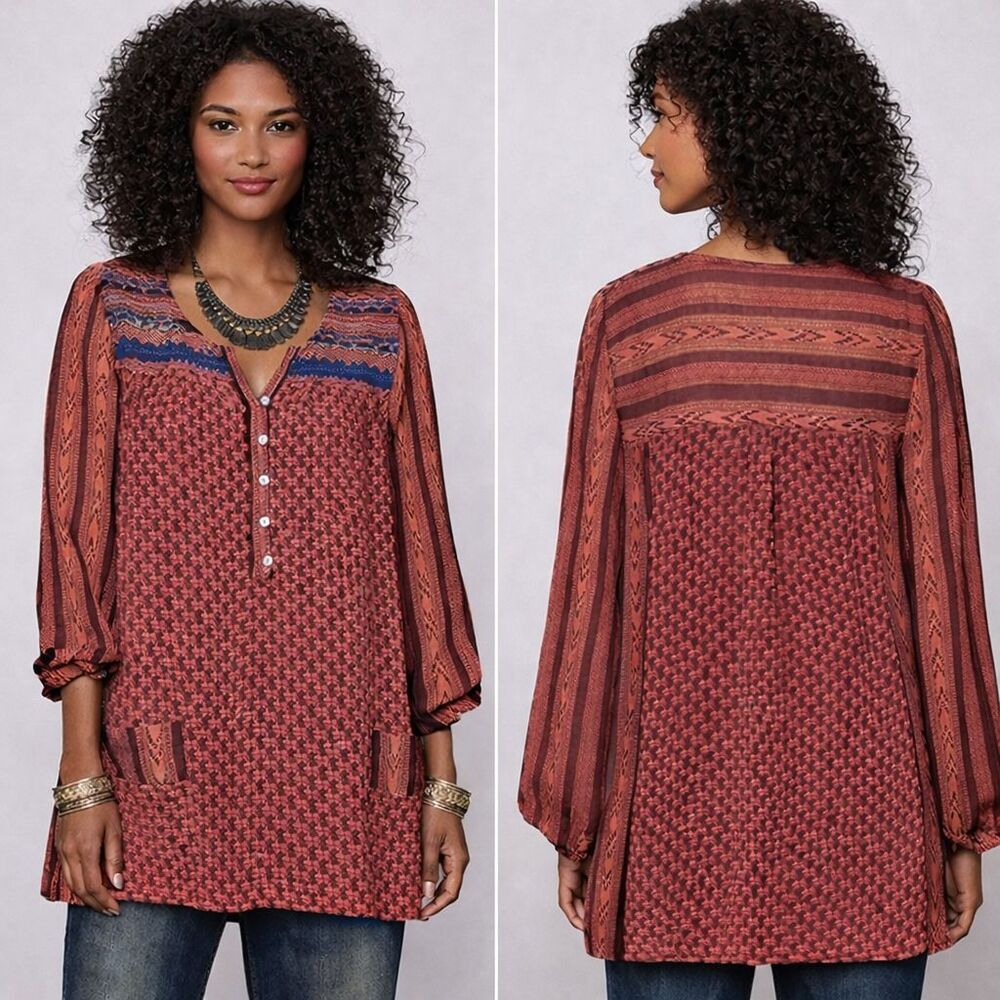 Free People Feather in the Wind Beaded Sequin Accent Sheer Blouse XS